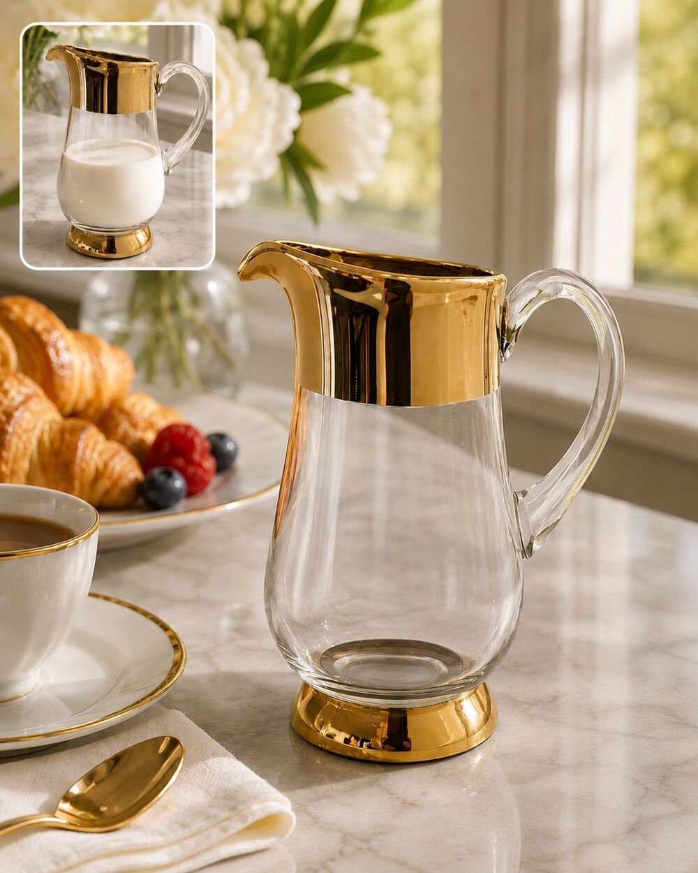 Vintage Clear Glass Creamer Pitcher Gold Trim Pedestal Foot MCM Elegant Server